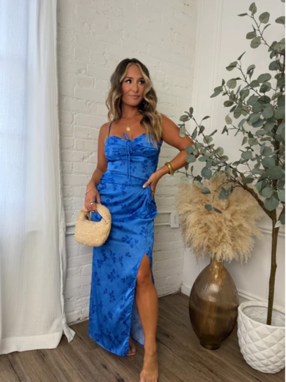 emory park Royal Blue Floral Satin Maxi Skirt with Side Slit